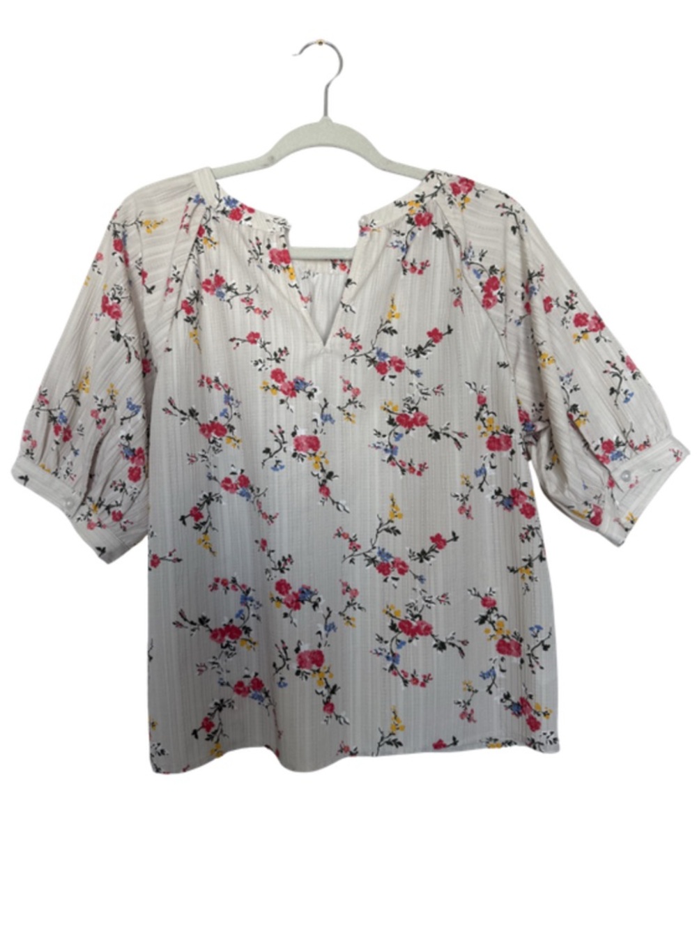 LOFT White Blouse - White & Floral Short Puff Sleeve Summer Peasant Shirt - WS